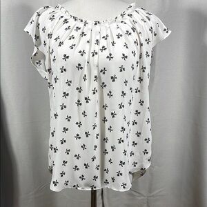 White Ruffled Blouse with Black ribbon Pattern